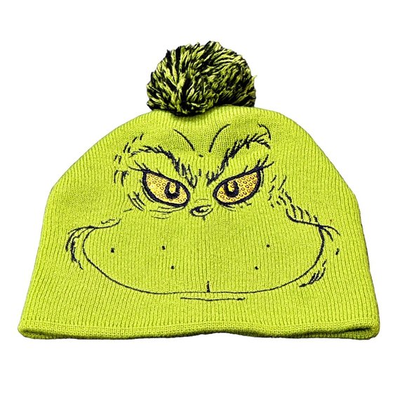 Dr. Seuss Accessories - Dr. Seuss Grinch Green Beanie Pom Pom Cap Hat Adult OSFM Sequined Eyes Christmas